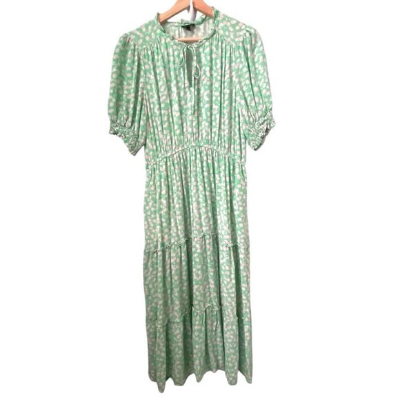 Who What Wear Green Floral Midi Puff Elbow Sleeve Dress in Size Large - Picture 5 of 14